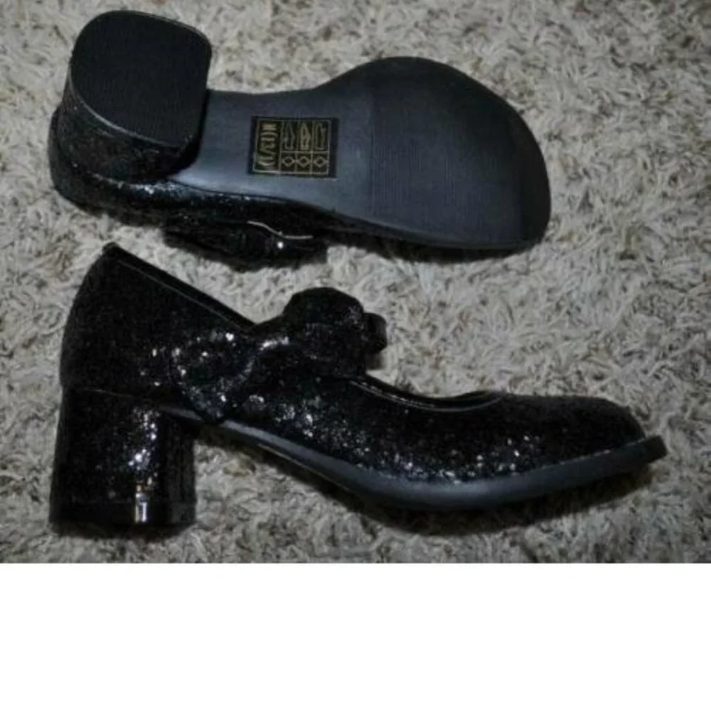 Black Glitter Dress Up Shoes 4/5 Low Block Heels Maryjane Halloween Girls